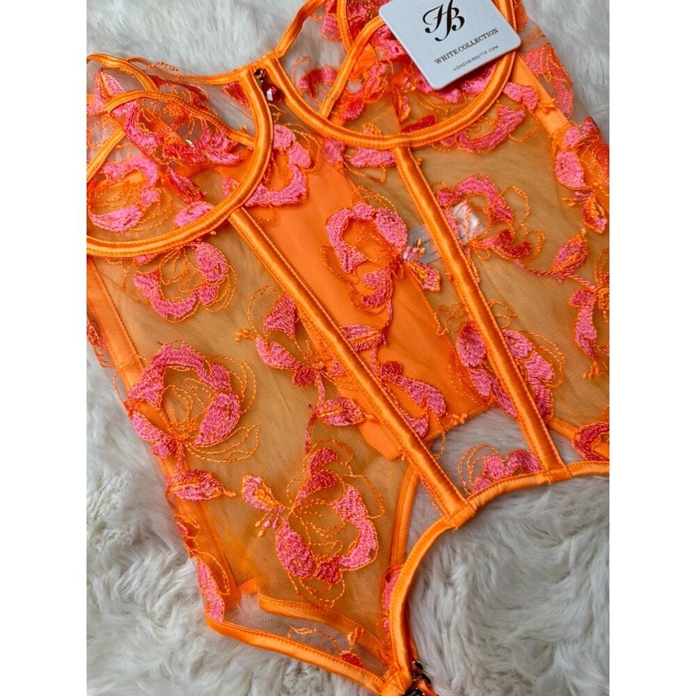 Honey Birdette SOLIS🧡 Bright Orange & Pink Floral Embroidered Bustier 34C - Picture 3 of 4